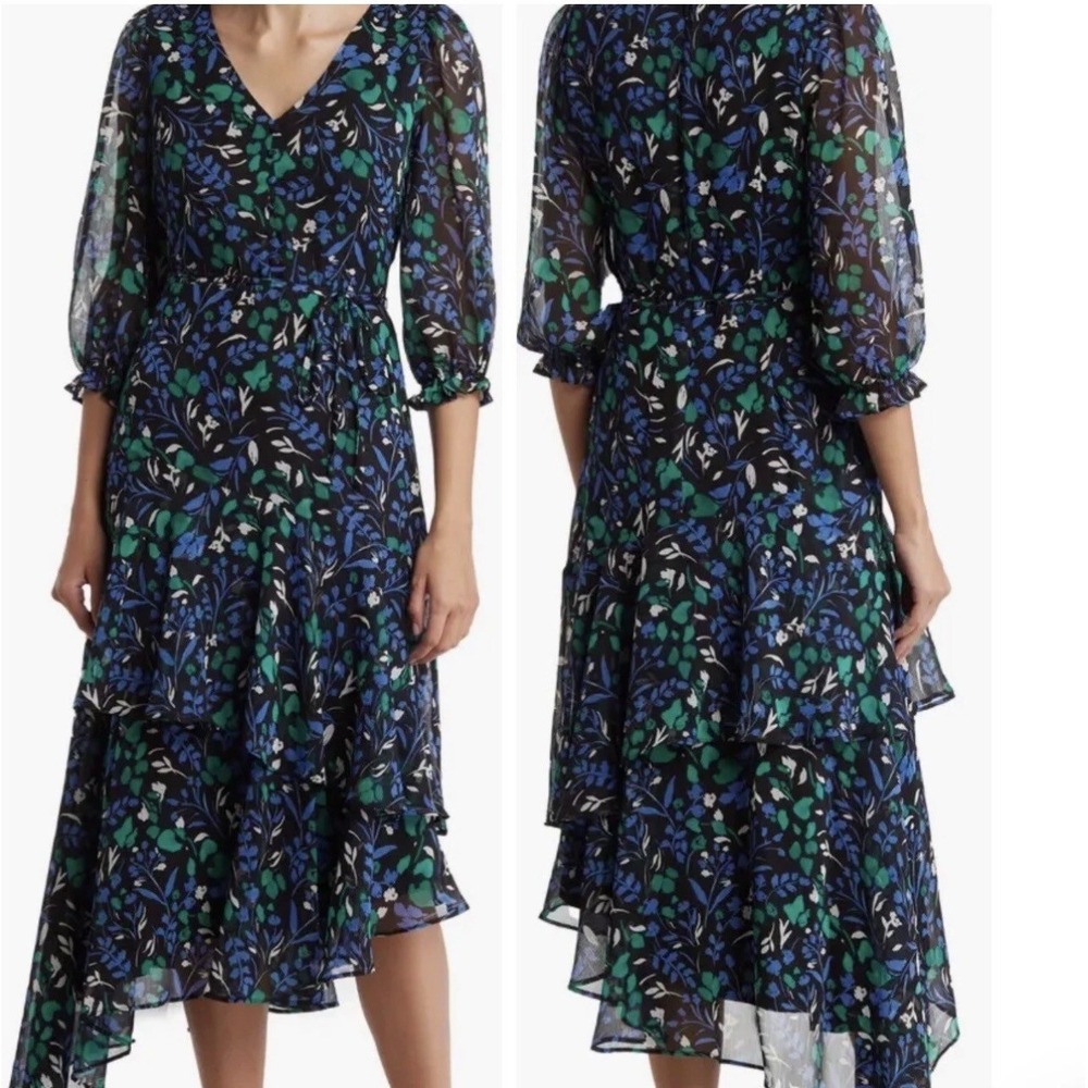 Karl Lagerfeld Navy, Green & Black Asymmetrical Floral Midi Dress